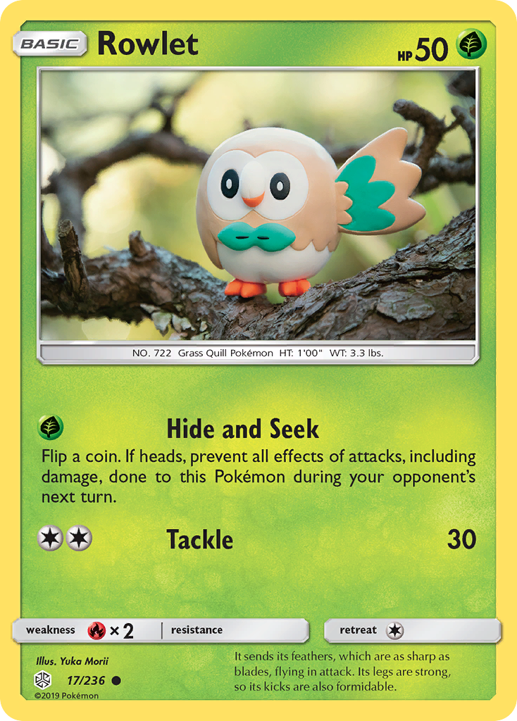 Rowlet 17/236 English Pokémon card from Cosmic Eclipse (2019)