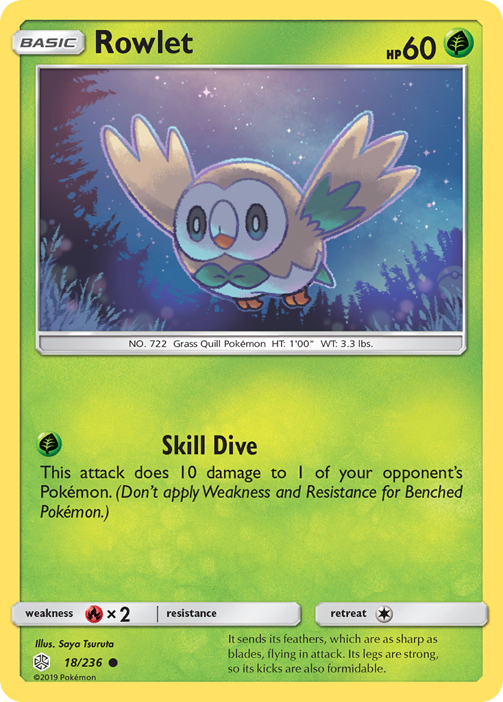 Rowlet 18/236 English Pokémon card from Cosmic Eclipse (2019)
