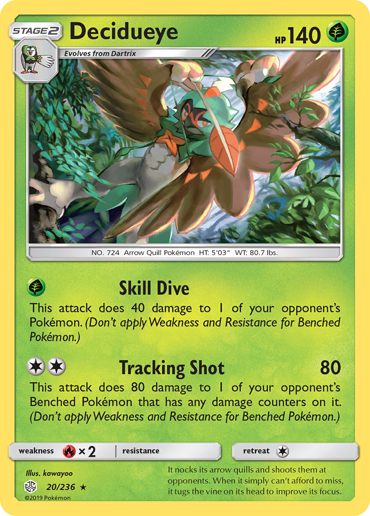 Decidueye 20/236 English Pokémon card from Cosmic Eclipse (2019)