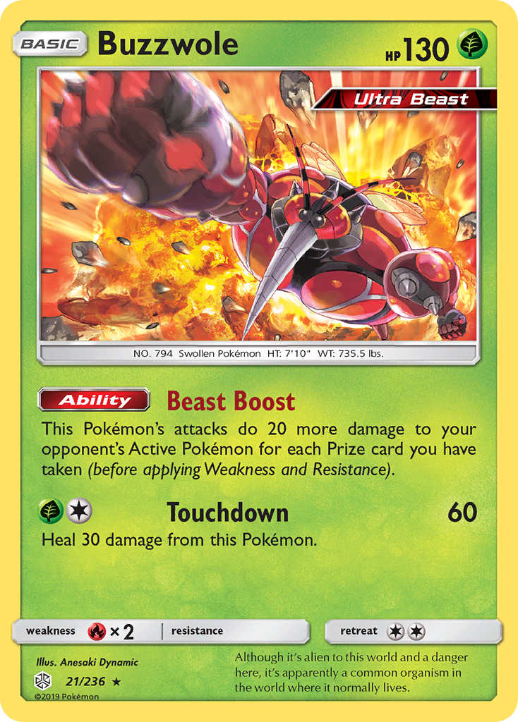 Buzzwole 21/236 English Pokémon card from Cosmic Eclipse (2019)