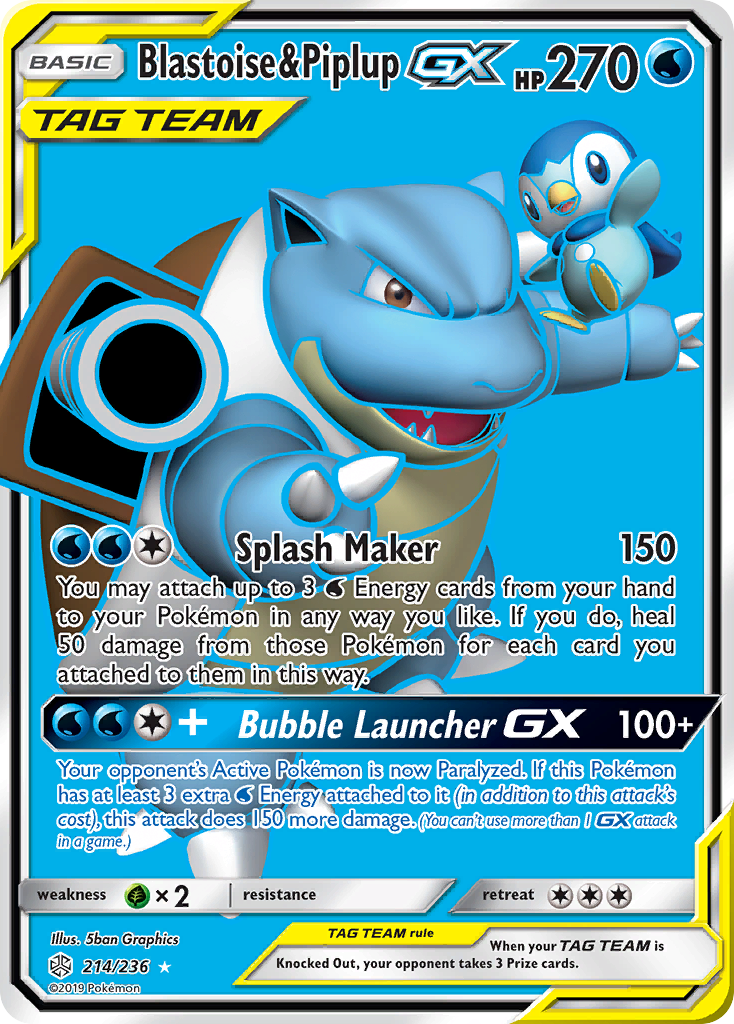 Blastoise & Piplup-GX 214/236 English Pokémon card from Cosmic Eclipse (2019)