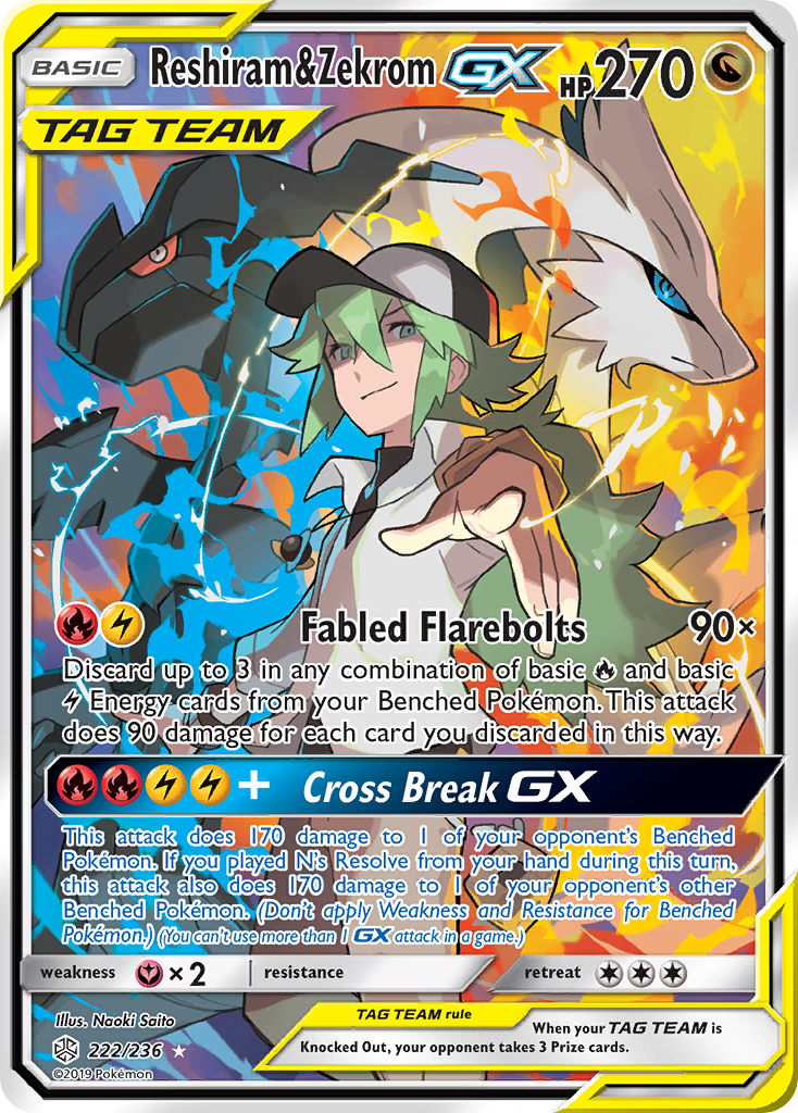 Reshiram & Zekrom-GX 222/236 English Pokémon card from Cosmic Eclipse (2019)