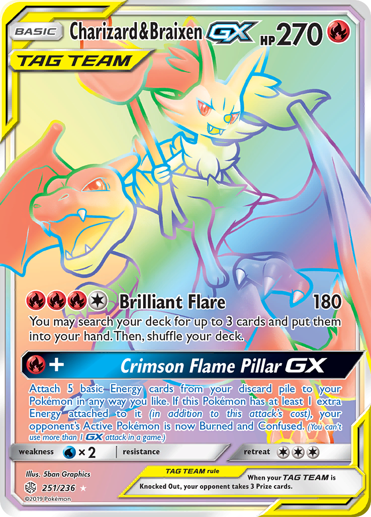Charizard & Braixen-GX 251/236 English Pokémon card from Cosmic Eclipse (2019)