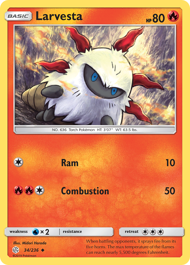 Larvesta 34/236 English Pokémon card from Cosmic Eclipse (2019)