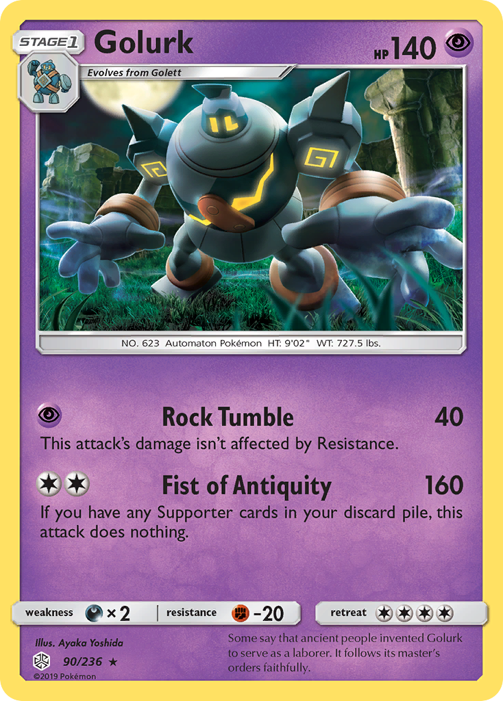 Golurk 90/236 English Pokémon card from Cosmic Eclipse (2019)