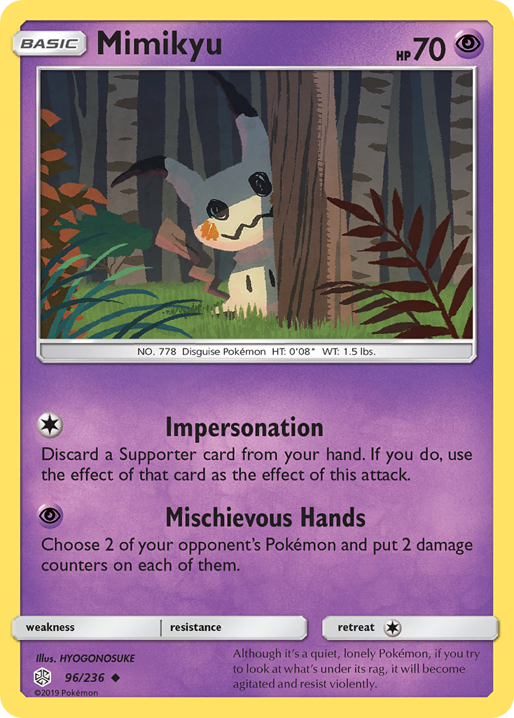 Mimikyu 96/236 English Pokémon card from Cosmic Eclipse (2019)