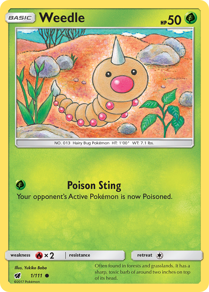 Weedle 1/111 English Pokémon card from Crimson Invasion (2017)