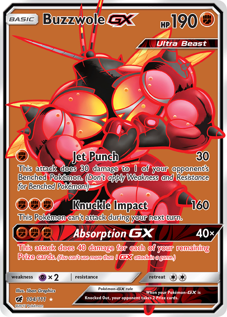 Buzzwole-GX 104/111 English Pokémon card from Crimson Invasion (2017)