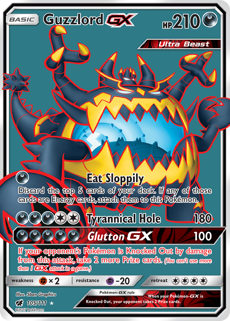 Guzzlord-GX 105/111 English Pokémon card from Crimson Invasion (2017)