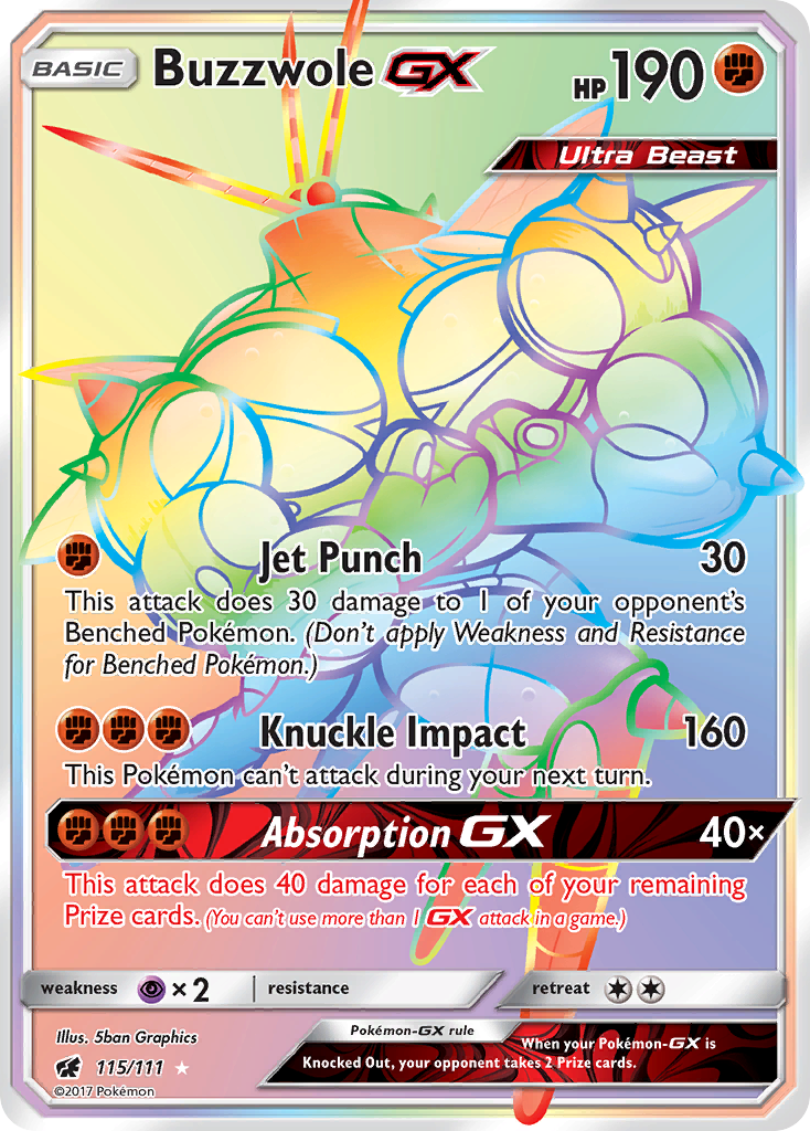Buzzwole-GX 115/111 English Pokémon card from Crimson Invasion (2017)