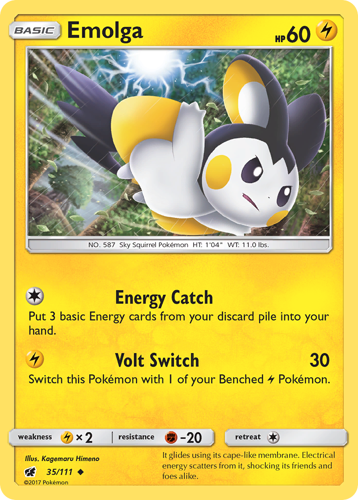 Emolga 35/111 English Pokémon card from Crimson Invasion (2017)