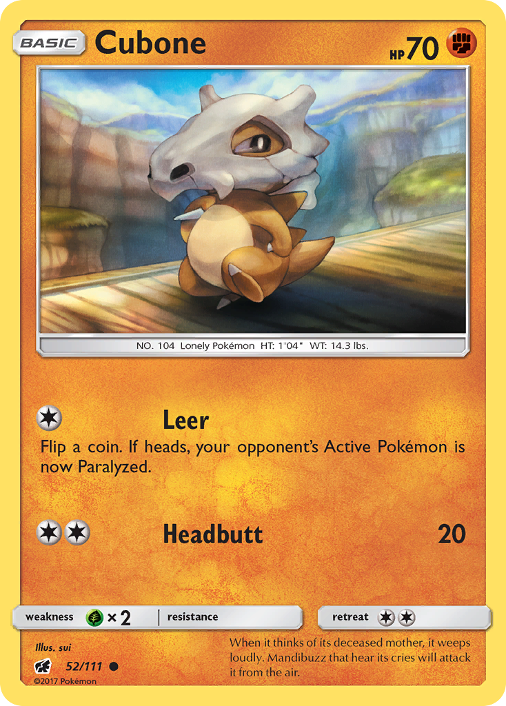Cubone 52/111 English Pokémon card from Crimson Invasion (2017)