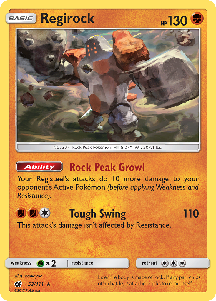 Regirock 53/111 English Pokémon card from Crimson Invasion (2017)