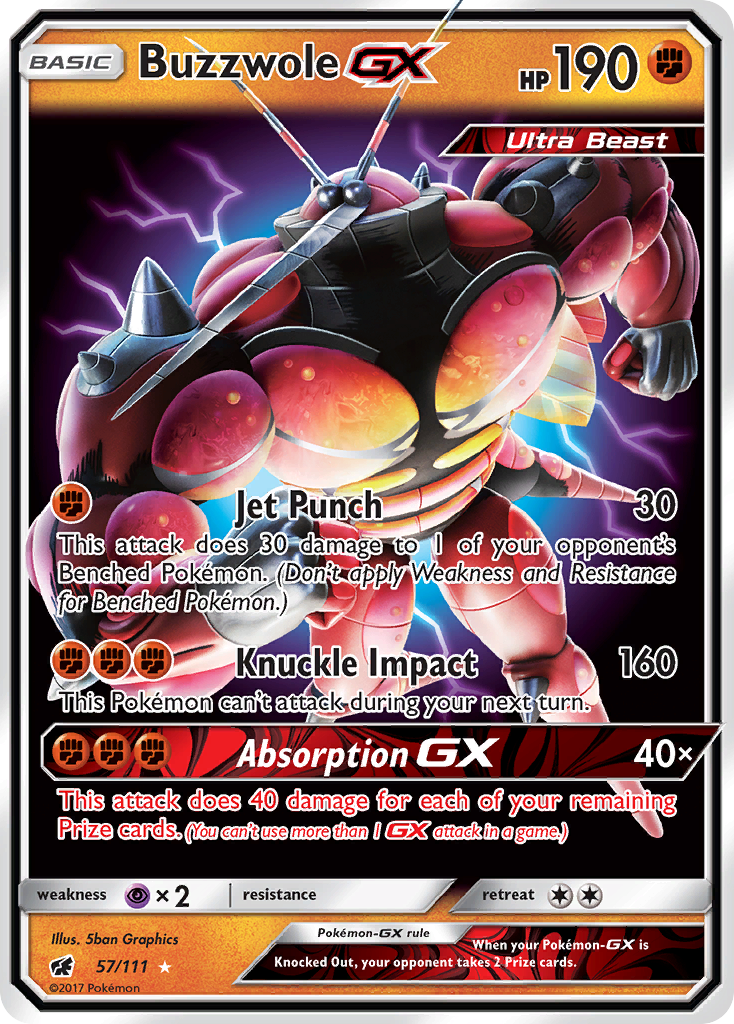 Buzzwole-GX 57/111 English Pokémon card from Crimson Invasion (2017)