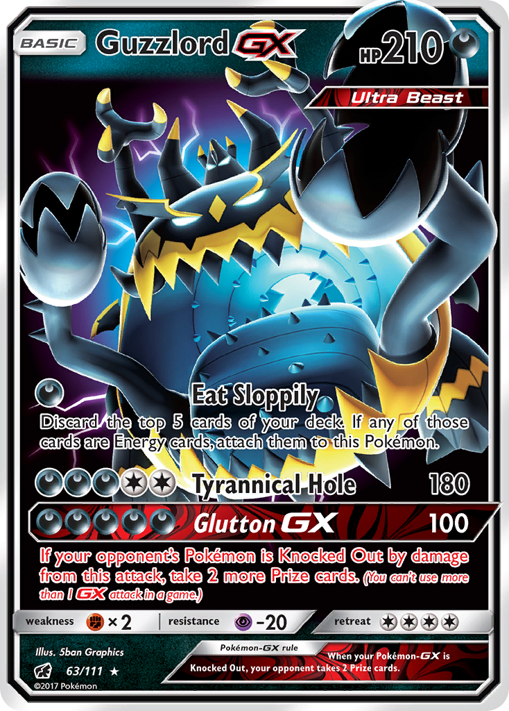 Guzzlord-GX 63/111 English Pokémon card from Crimson Invasion (2017)