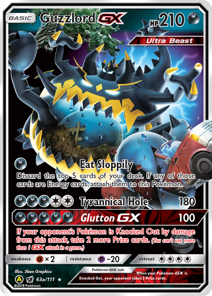 Guzzlord-GX 63a/111 English Pokémon card from Crimson Invasion (2017) — alternate artwork