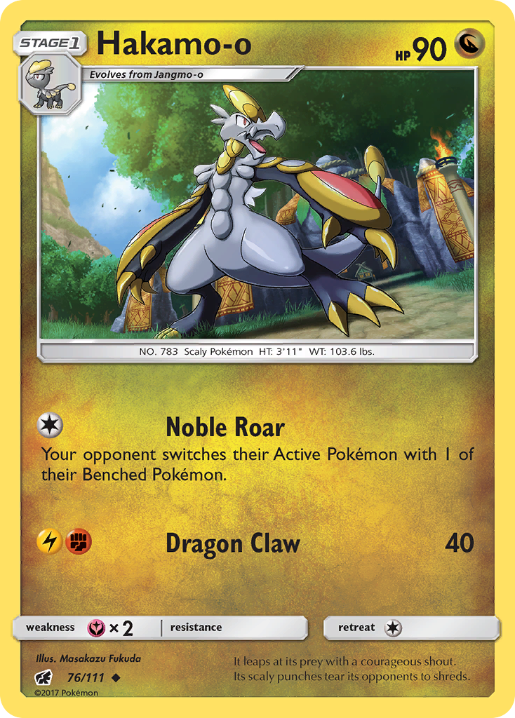 Hakamo-o 76/111 English Pokémon card from Crimson Invasion (2017)