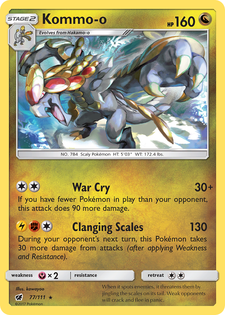 Kommo-o 77/111 English Pokémon card from Crimson Invasion (2017)