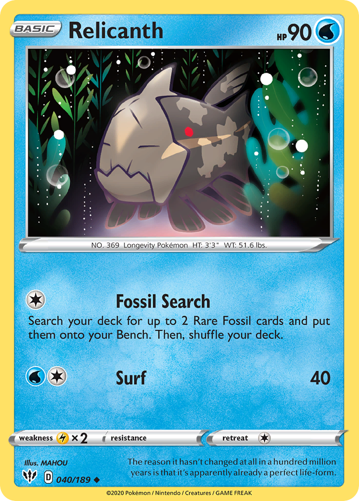 Relicanth 40/189 English Pokémon card from Darkness Ablaze (2020)