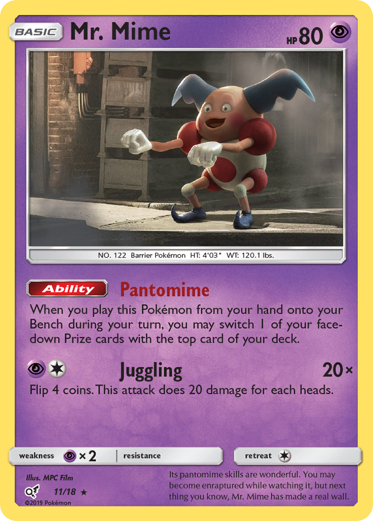 Mr. Mime 11/18 English Pokémon holo card from Detective Pikachu (2019)