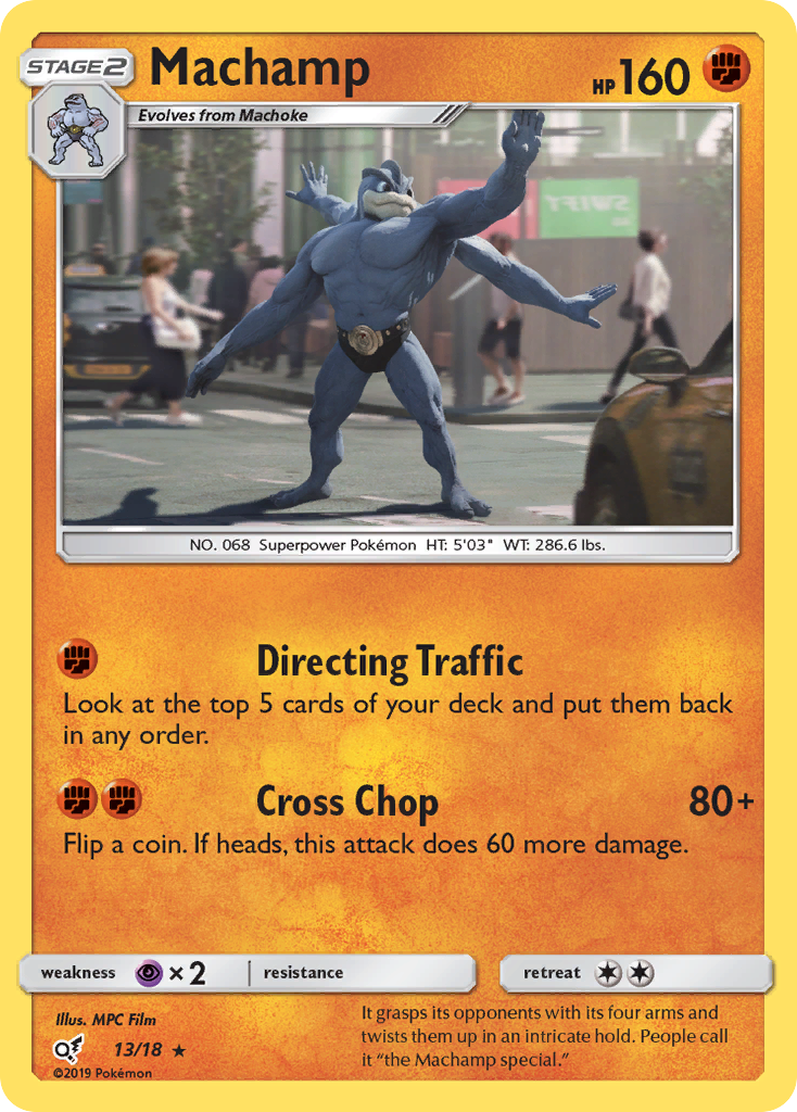 Machamp 13/18 English Pokémon holo card from Detective Pikachu (2019)