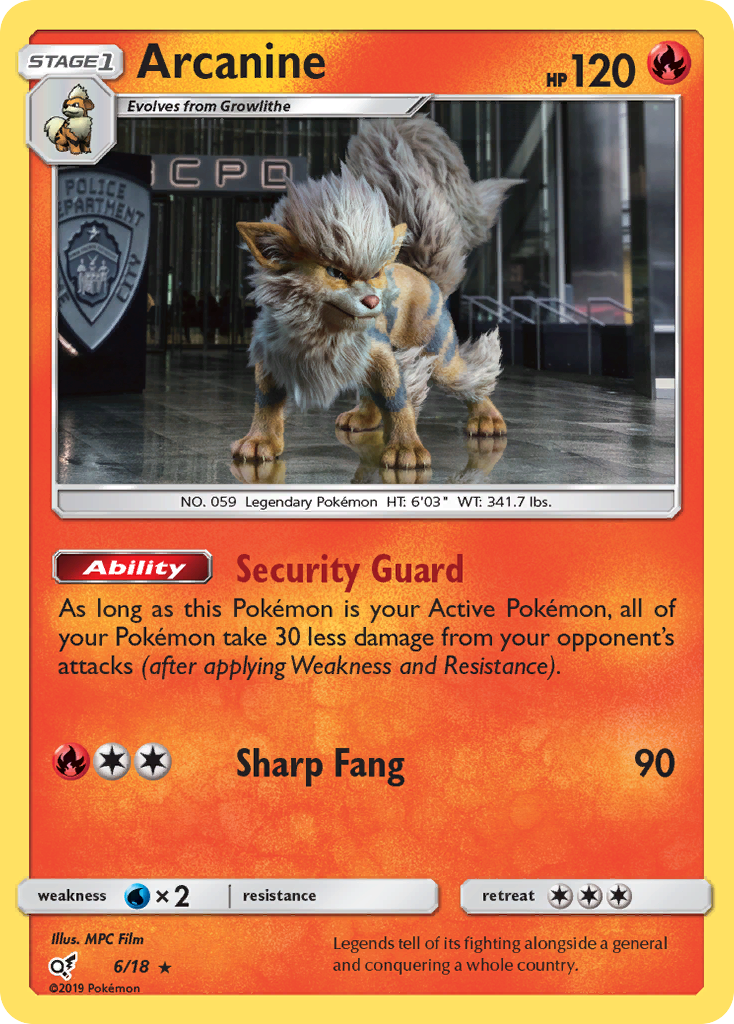 Arcanine 6/18 English Pokémon holo card from Detective Pikachu (2019)
