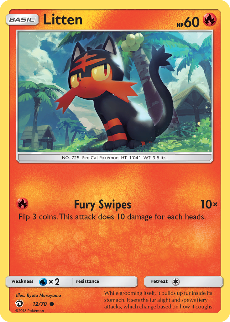 Litten 12/70 English Pokémon card from Dragon Majesty (2018)