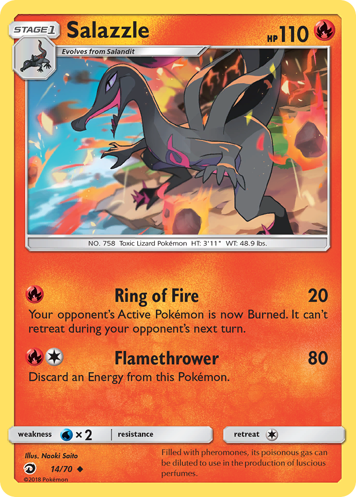 Salazzle 14/70 English Pokémon card from Dragon Majesty (2018)