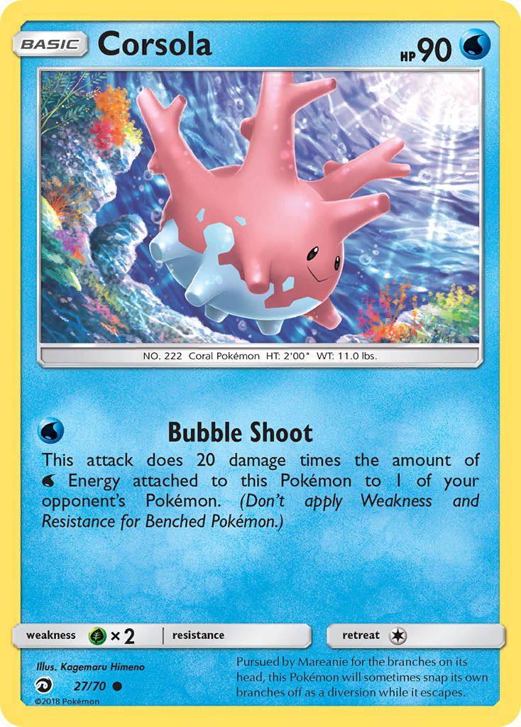 Corsola 27/70 English Pokémon card from Dragon Majesty (2018)