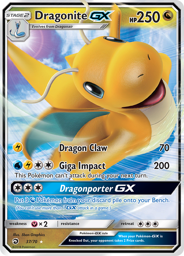 Dragonite-GX 37/70 English Pokémon card from Dragon Majesty (2018)