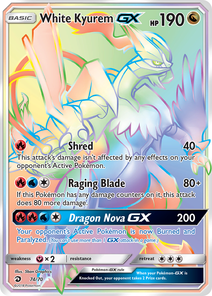 White Kyurem-GX 74/70 English Pokémon card from Dragon Majesty (2018)