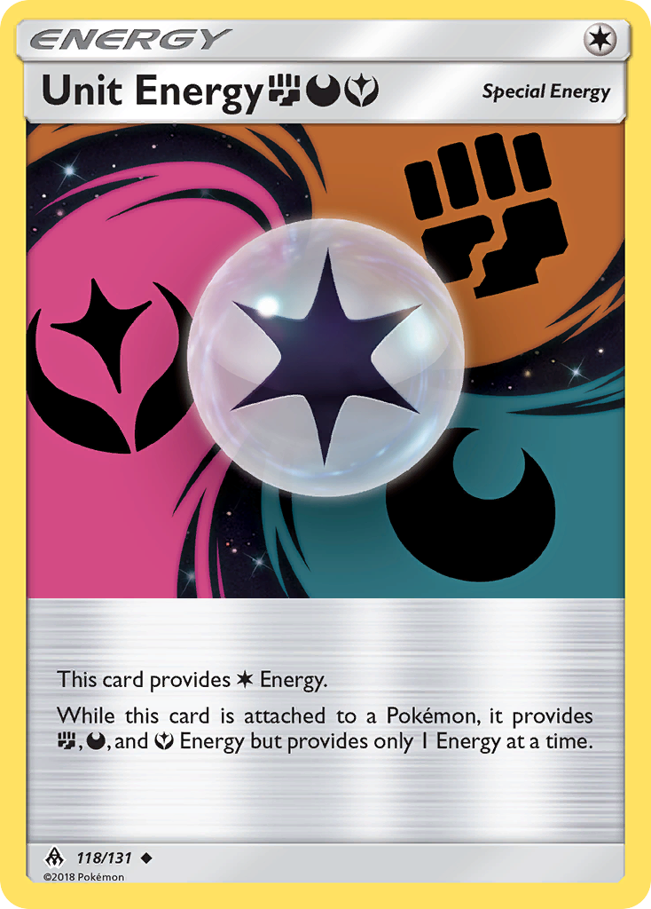 Unit Energy FightingDarknessFairy 118/131 English Pokémon card from Forbidden Light (2018)