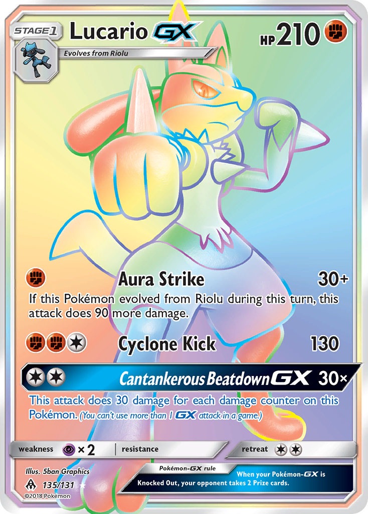 Lucario-GX 135/131 English Pokémon card from Forbidden Light (2018)