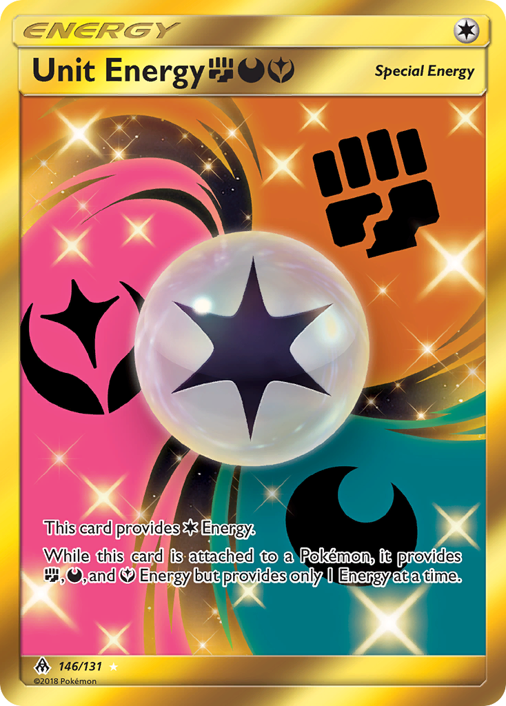 Unit Energy FightingDarknessFairy 146/131 English Pokémon card from Forbidden Light (2018)
