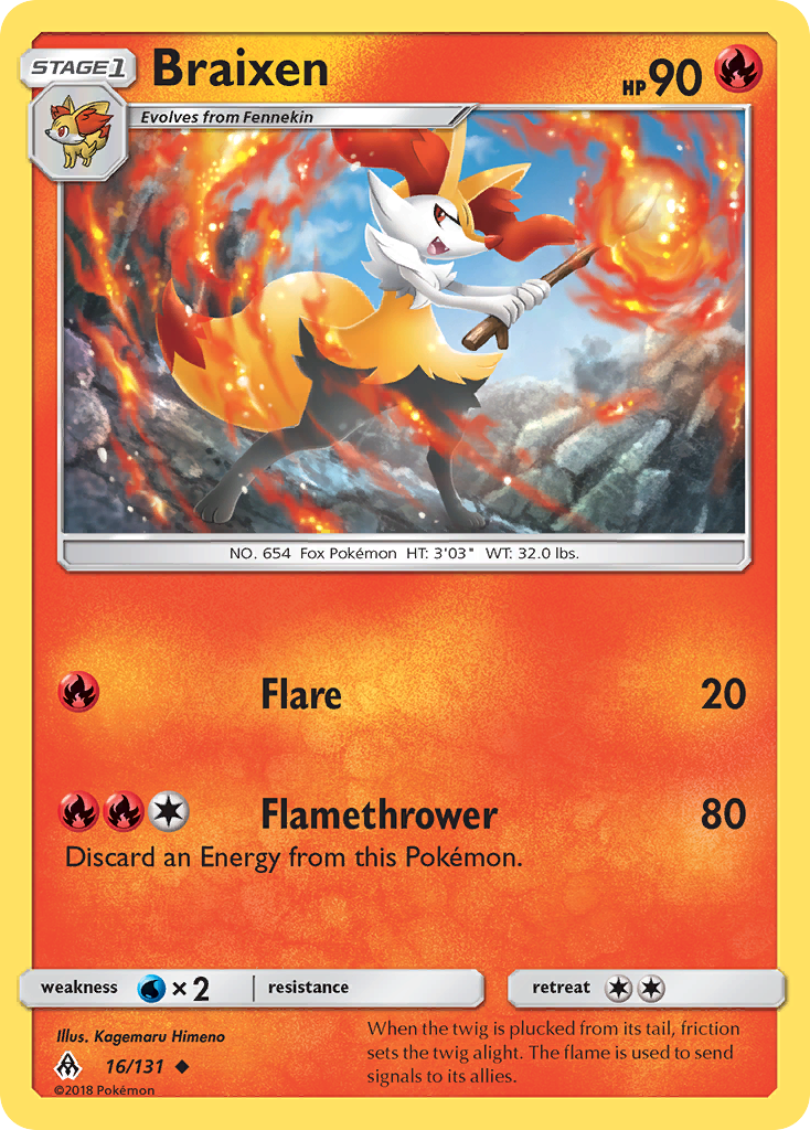 Braixen 16/131 English Pokémon card from Forbidden Light (2018)
