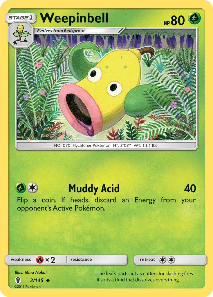 Weepinbell 2/145 English Pokémon card from Guardians Rising (2017)