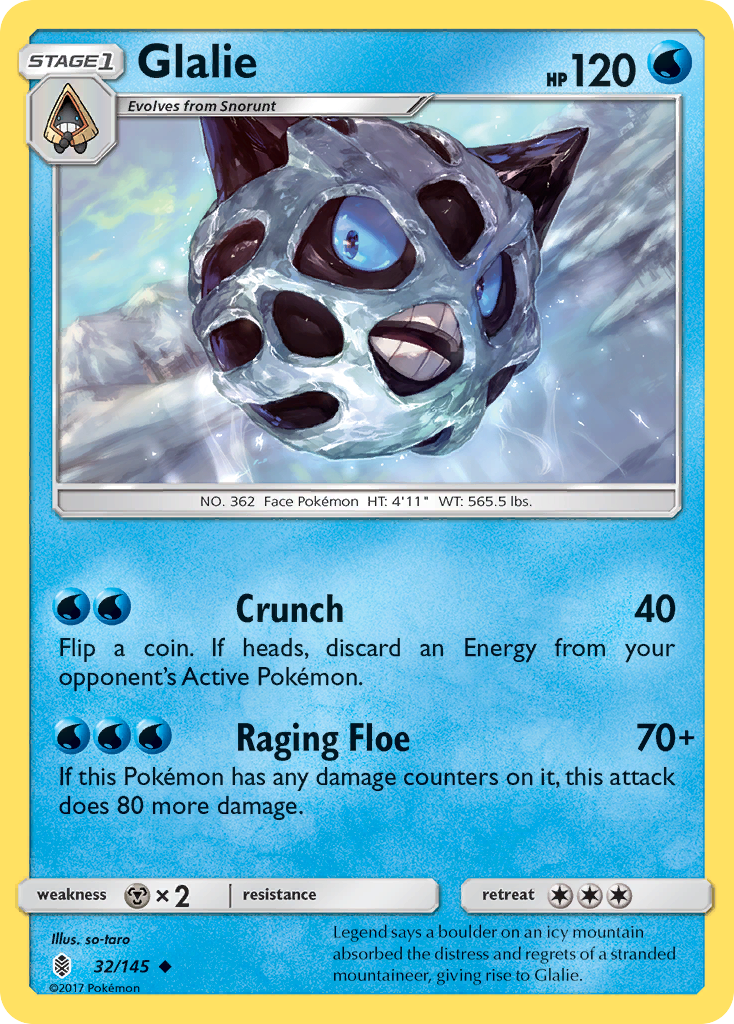 Glalie 32/145 English Pokémon card from Guardians Rising (2017)