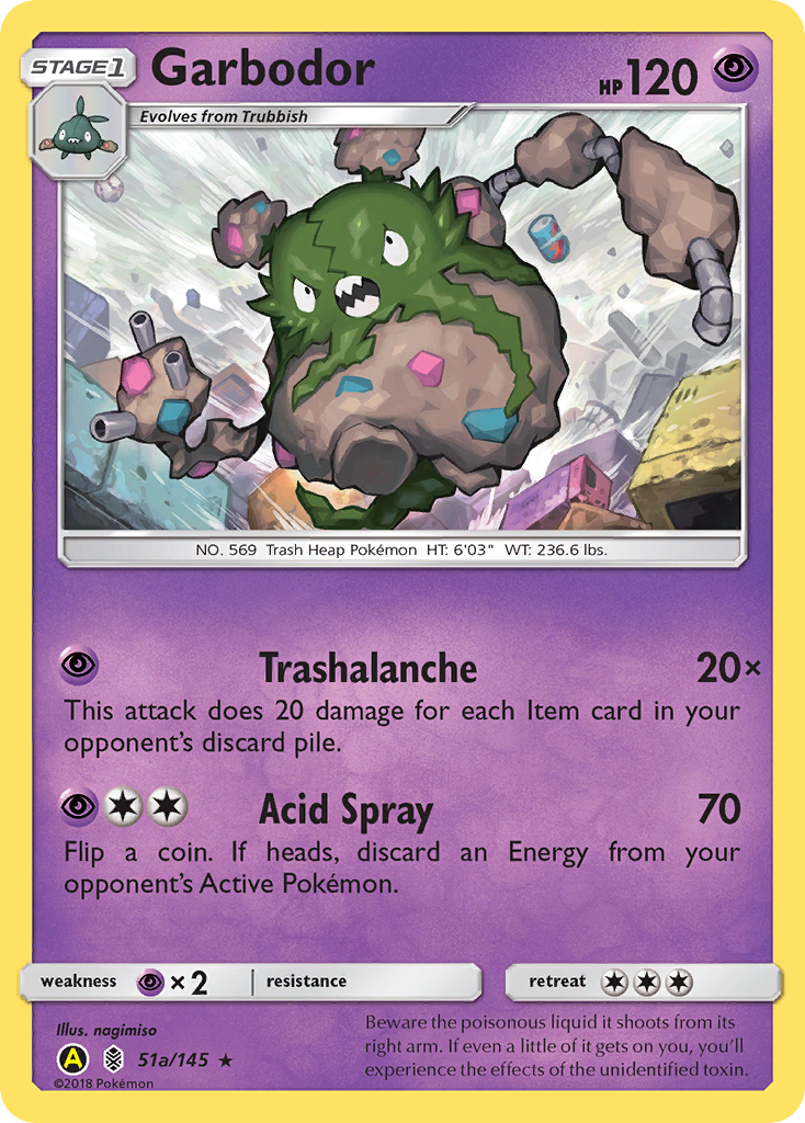 Garbodor 51a/145 English Pokémon card from Guardians Rising (2017) — alternate artwork