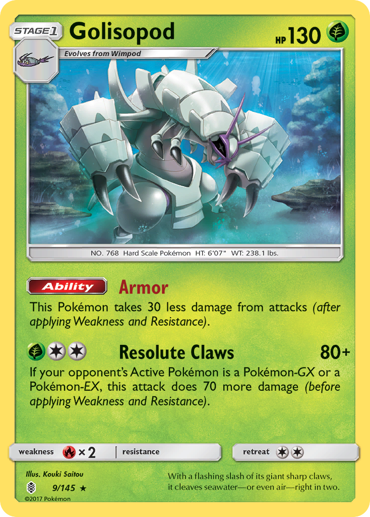 Golisopod 9/145 English Pokémon card from Guardians Rising (2017)