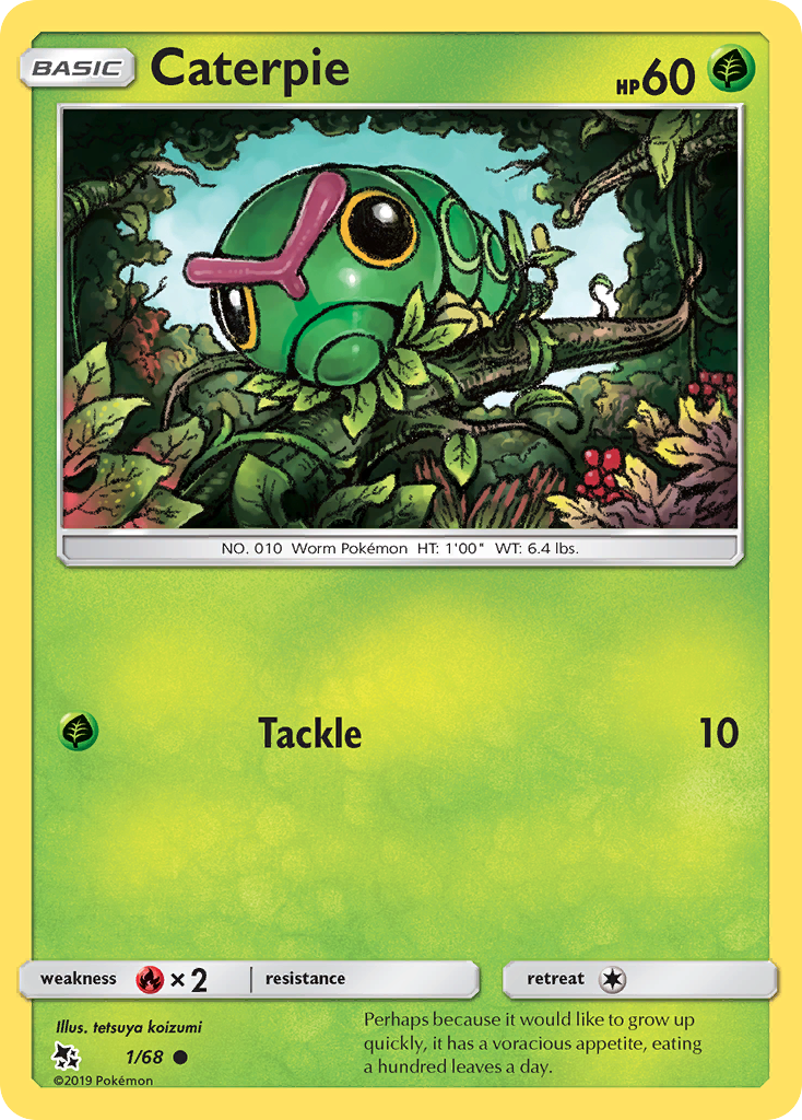 Caterpie 1/68 English Pokémon card from Hidden Fates (2019)