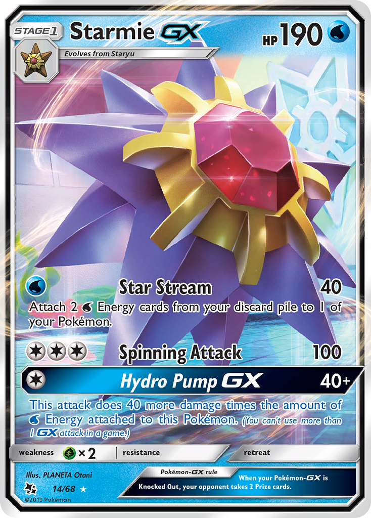 Starmie-GX 14/68 English Pokémon card from Hidden Fates (2019)