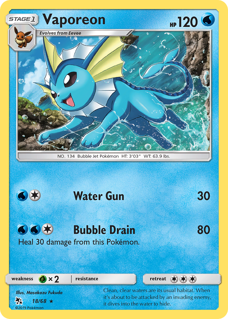 Vaporeon 18/68 English Pokémon card from Hidden Fates (2019)