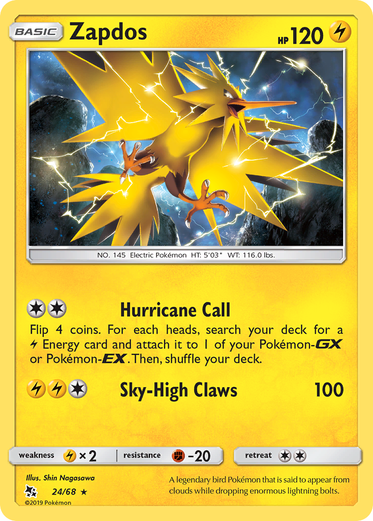 Zapdos 24/68 English Pokémon card from Hidden Fates (2019)