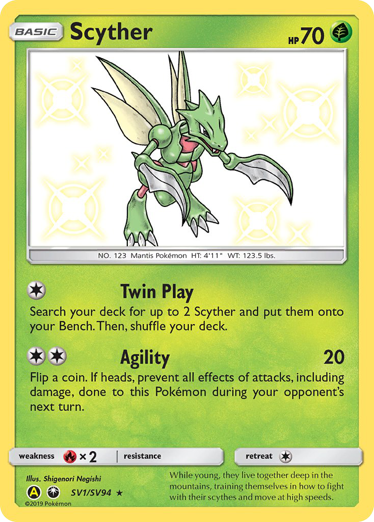 Scyther SV1/SV94 English Pokémon card from Hidden Fates Shiny Vault (2019)