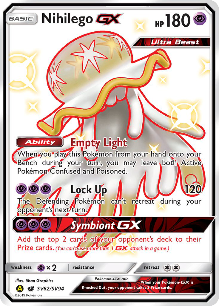 Nihilego-GX SV62/SV94 English Pokémon card from Hidden Fates Shiny Vault (2019)