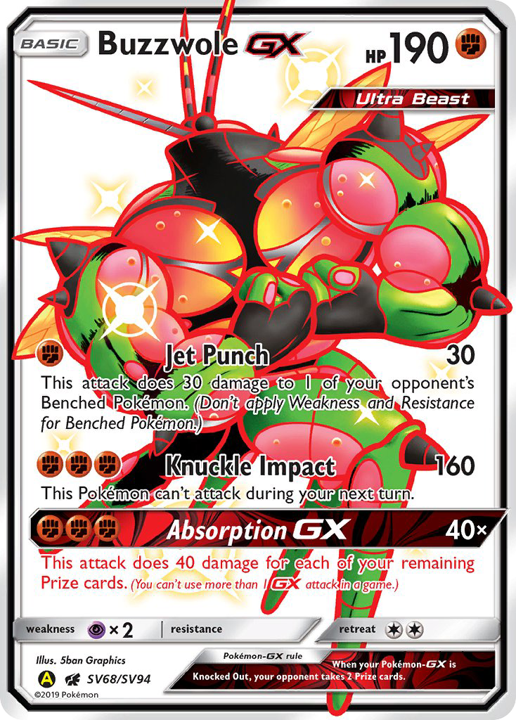 Buzzwole-GX SV68/SV94 English Pokémon card from Hidden Fates Shiny Vault (2019)
