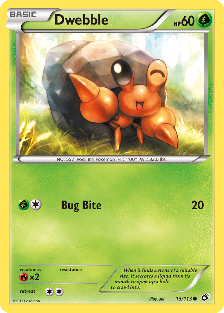 Dwebble 13/113 Pokémon card from Legendary Treasures (2013), English Common