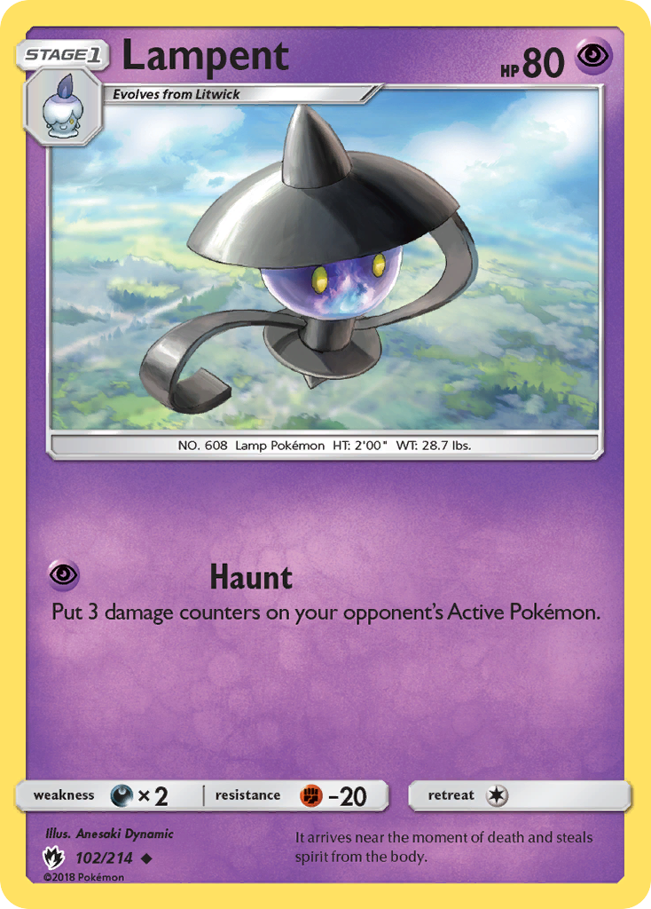 Lampent 102/214 English Pokémon card from Lost Thunder (2018)