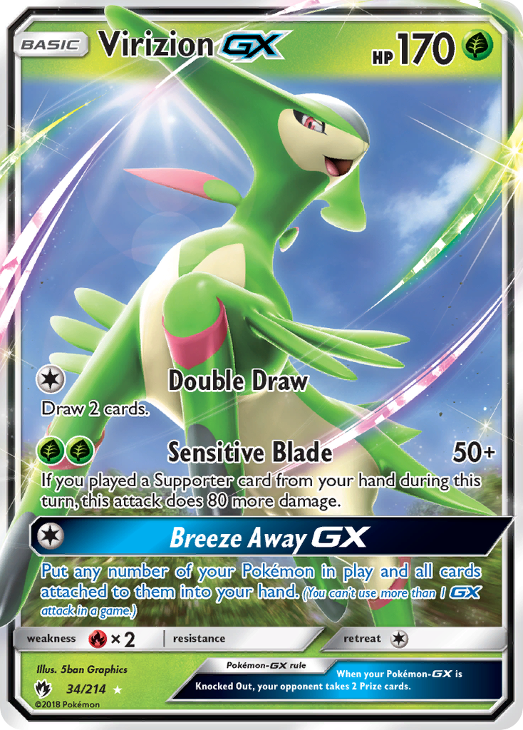 Virizion-GX 34/214 English Pokémon card from Lost Thunder (2018)