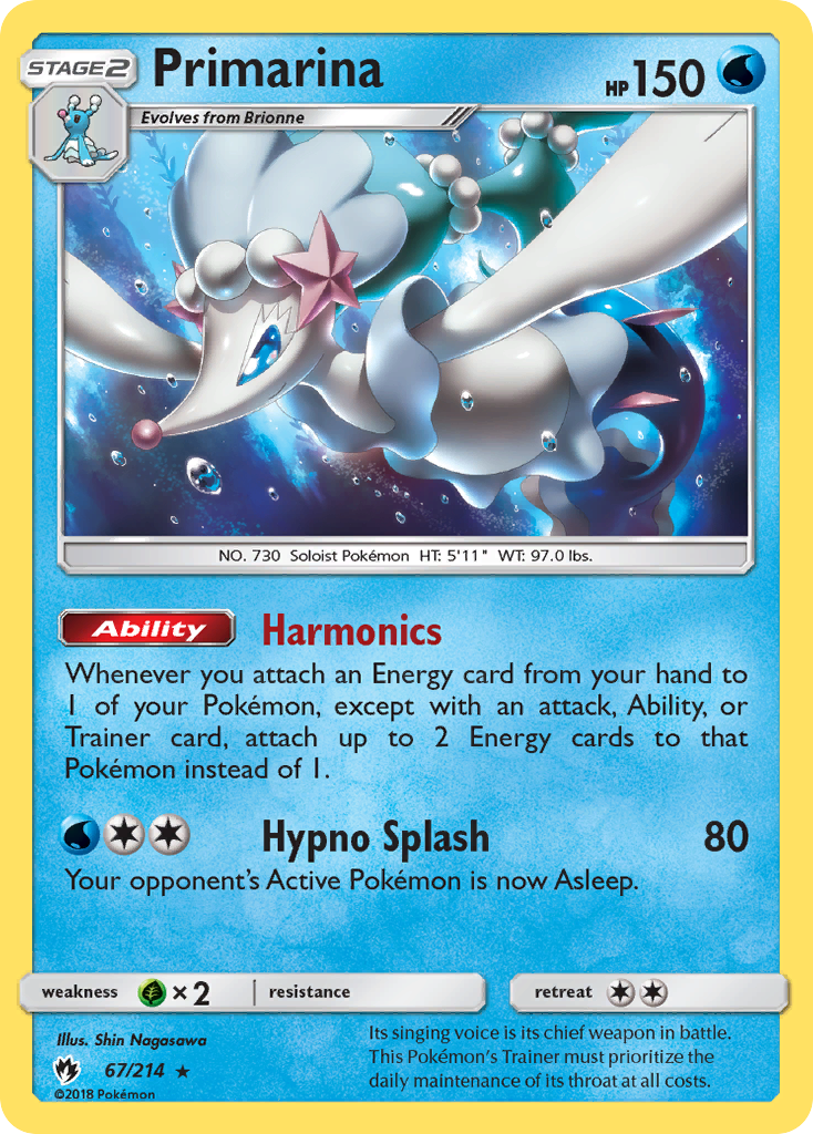 Primarina 67/214 English Pokémon card from Lost Thunder (2018)